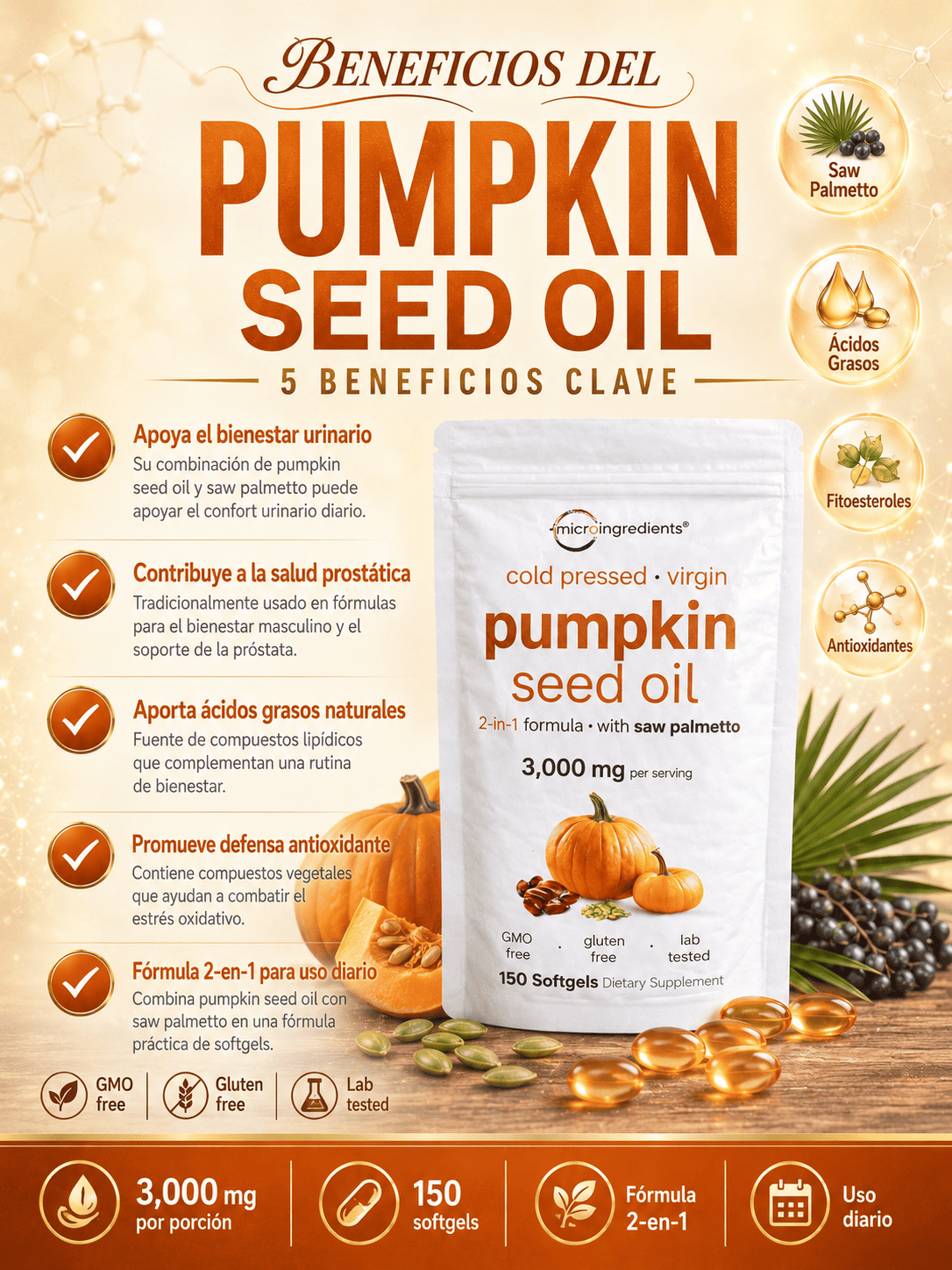 Cápsulas blandas de Aceite de Semilla de Calabaza con Saw Palmetto