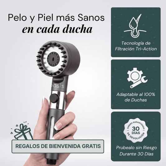 Cabezal de Ducha con Filtración Tri-Action · Elimina cal, cloro y metales pesados del agua