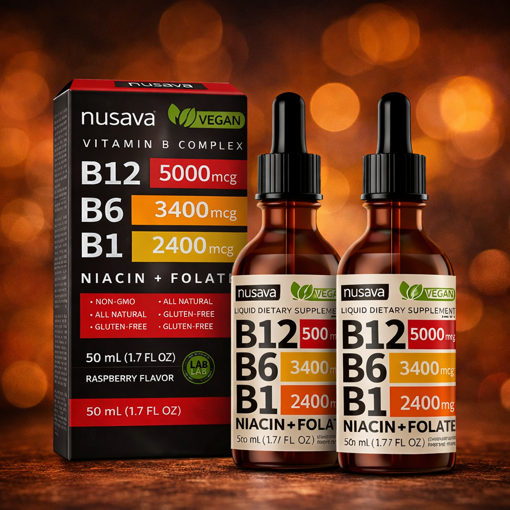 Nusava Vitamin B Complex Líquido 5000 mcg – B12, B6, B1 con Niacina + Folato (50 mL)