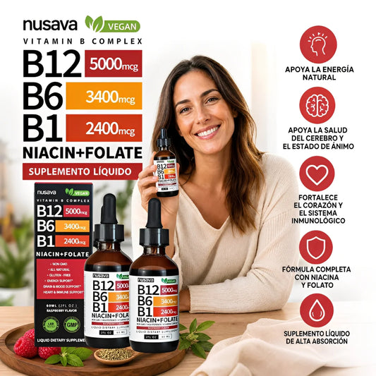 Nusava Vitamin B Complex Líquido 5000 mcg – B12, B6, B1 con Niacina + Folato (50 mL)